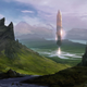 An ancient monolith hovers above a lake.